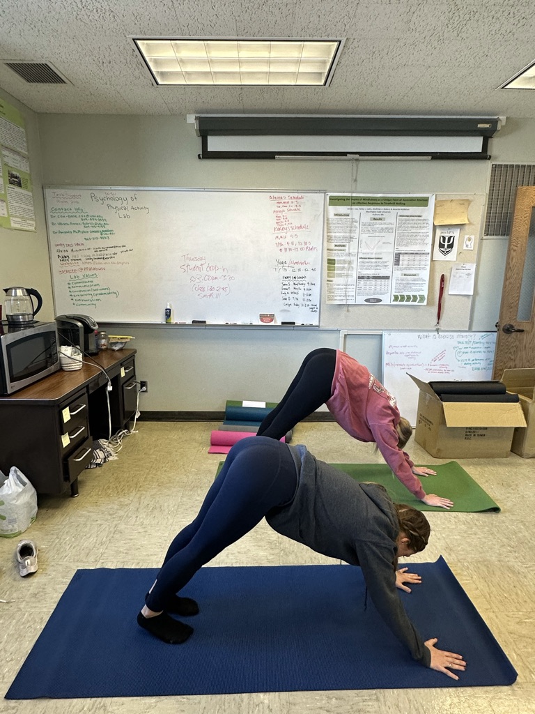 Two college student doing the downward dog yoga pose